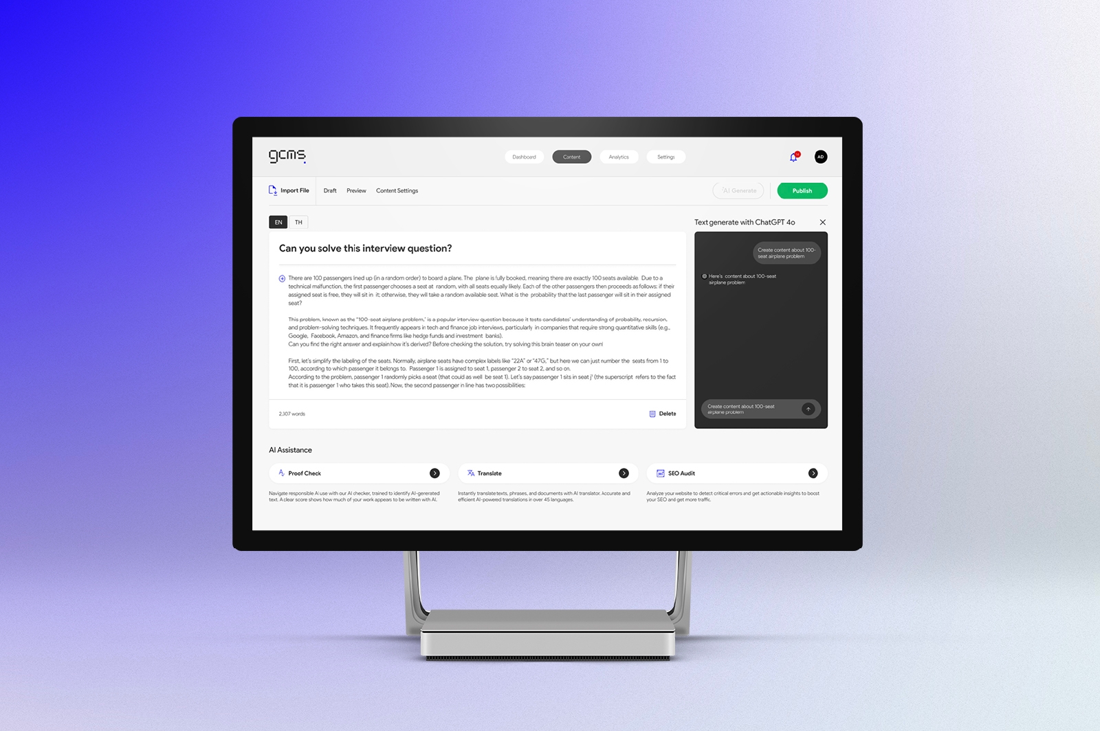 Develop a CMS that leverages AI to streamline content management, including spell-checking, translation, and SEO optimization.
